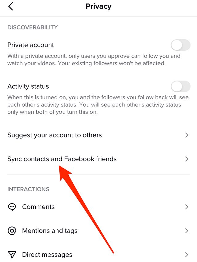 contactos de sincronización de TikTok